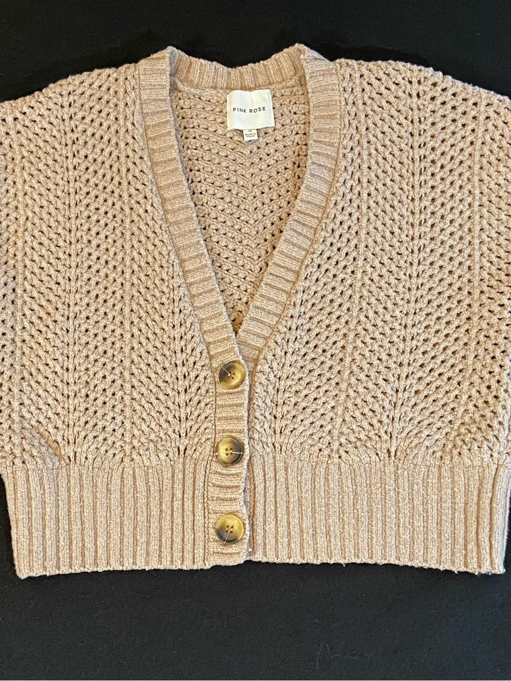 Pink Rose V-Neck Cropped Knit Cardigan - Light Beige / Tan